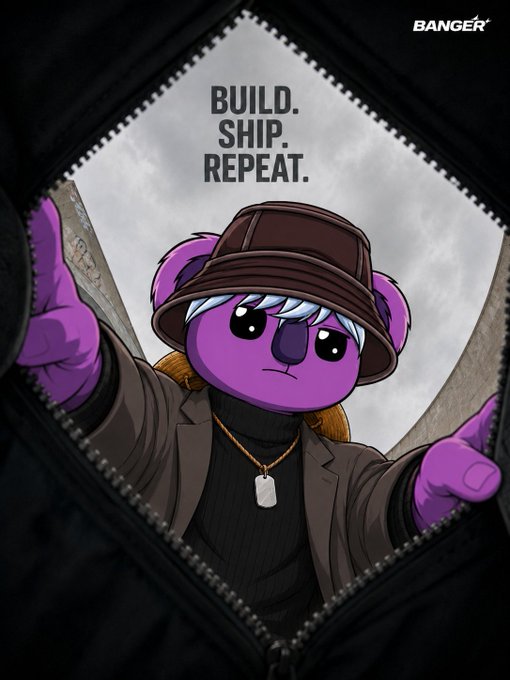 A purple cartoon bear wearing a brown bucket hat and jacket is shown pulling open a black jacket, with the text "BUILD. SHIP. REPEAT." displayed above against a cloudy sky. The "BANGER" logo appears in the top right corner, aligning with the post's motivational message that winning is inevitable through consistent building and execution.