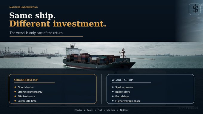 A business presentation slide titled "Same ship. Different investment." under "MARITIME UNDERWRITING," showing a large container ship at a port and contrasting "STRONGER SETUP" (Good charter, Strong counterparty, Efficient route, Lower idle time) versus "WEAKER SETUP" (Spot exposure, Ballast days, Port delays, Higher voyage costs).