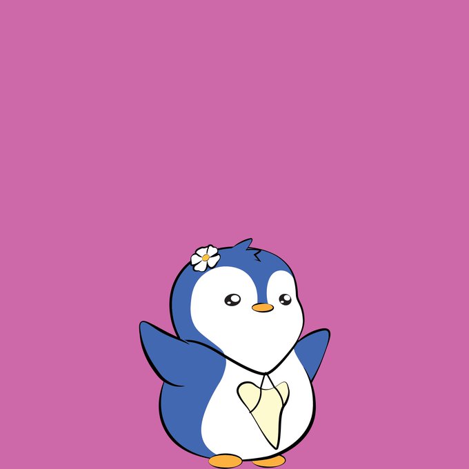 A cute cartoon penguin with a white flower on its head and a heart-shaped pendant stands against a solid pink background.