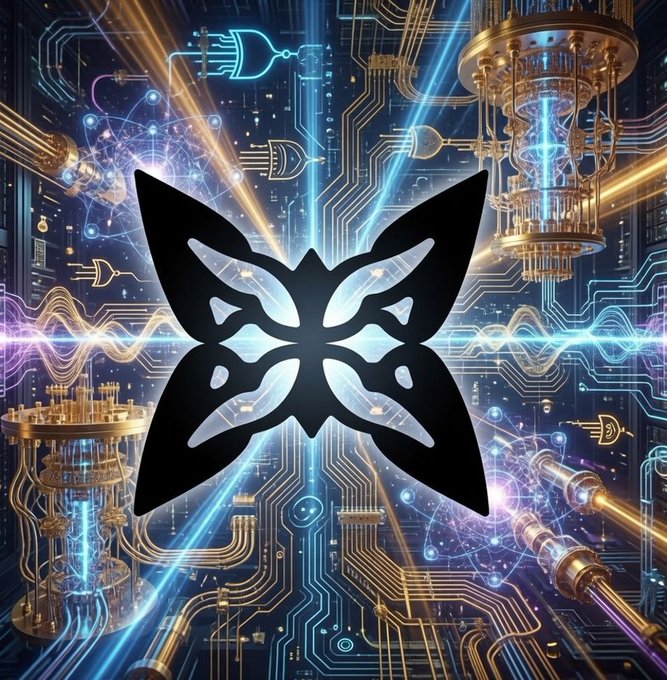 A futuristic digital artwork featuring a black butterfly logo surrounded by glowing circuit boards, quantum processors, and tech-inspired blue and gold elements.