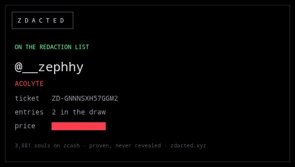 A dark screen titled 'ZDACTED' indicates the handle '@__zephyy' is 'ON THE REDACTION LIST' as an 'ACOLYTE', showing a ticket ID (ZD-GNNNSXH57GGM2), 2 entries in the draw, and a redacted price.