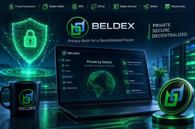 A promotional banner for 'BELDEX' advertising 'Privacy Built for a Decentralized Future' with the tagline 'PRIVATE. SECURE. DECENTRALIZED,' featuring a laptop displaying the Beldex interface, a shield with a padlock, and a Beldex branded mug, with navigation icons for Beldex Wallet, BNS, BChat, Beldex Browser, BelNet, and Masternodes.
