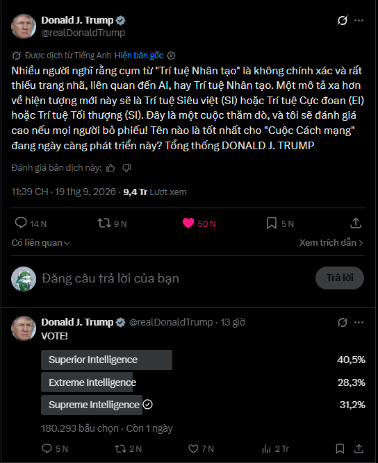 A screenshot of Donald J. Trump's X account showing a Vietnamese-language post arguing for renaming "Artificial Intelligence" (AI) to either "Superior Intelligence" (SI), "Extreme Intelligence" (EI), or "Supreme Intelligence" (SI), along with a poll where followers are voting between Superior Intelligence (40.5%), Extreme Intelligence (28.3%), and Supreme Intelligence (31.2%) with over 180,000 votes. The posts relate to speculation that Trump may rename AI, potentially triggering a FOMO wave for related tickers like $SI.