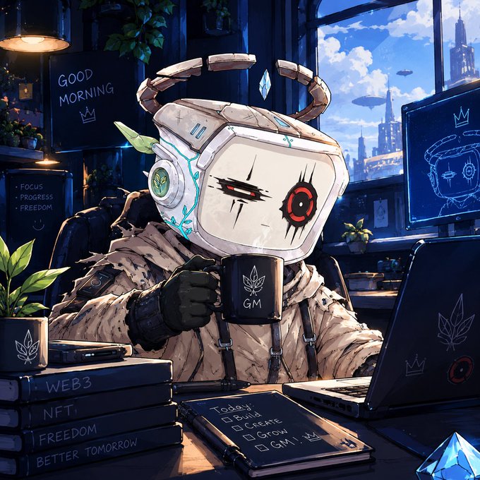 A stylized digital illustration depicts a robotic character with horns and a damaged TV-monitor head drinking from a mug labeled "GM," surrounded by books reading "WEB3," "NFT," "FREEDOM," and "BETTER TOMORROW," alongside a checklist noting "Build, Create, Grow, GM!"