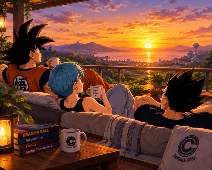 An anime-style illustration shows three characters resembling Goku, Bulma, and Vegeta relaxing on a couch at sunset, with "Dragon Ball Adventure Family" books and Capsule Corp. merchandise visible.
