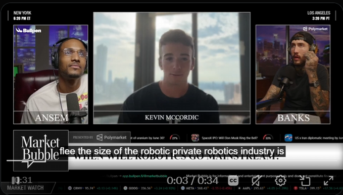 The image shows a computer screen displaying three men sitting behind microphones, with one of them wearing headphones. The background features a city skyline, suggesting that they are broadcasting live from an urban location. The caption reads "You are gonna let these retards sell you $BOT aren' t", which is likely a reference to the post about the size of the robotic-private industry and how it affects the public's perception of robots.