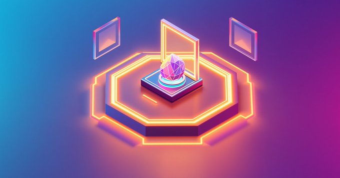 A neon-lit 3D illustration shows a glowing orange hexagonal platform with a pink crystal orb inside a glass frame, set against a purple and blue gradient background.