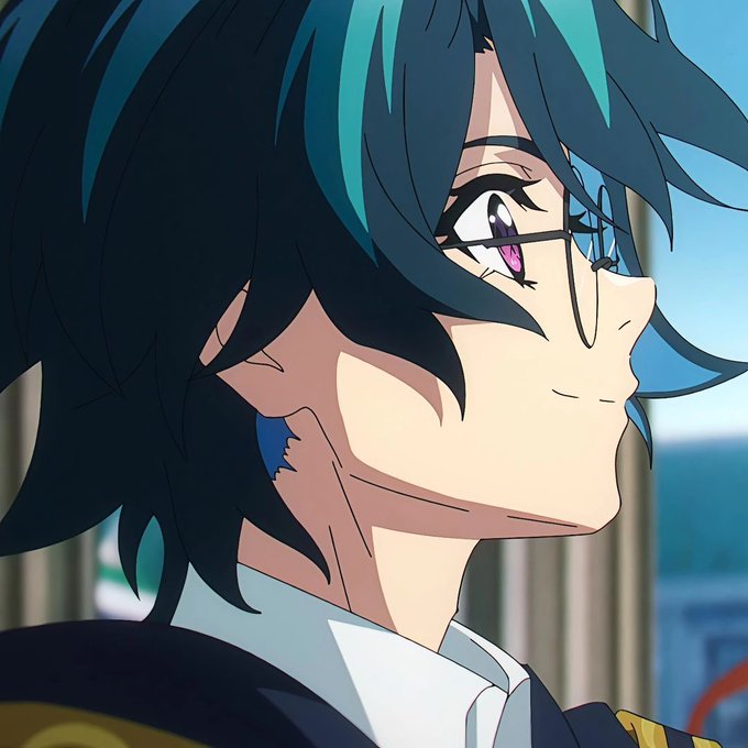 An anime-style close-up shows a character with dark teal hair, glasses, and a purple eye looking to the side.
