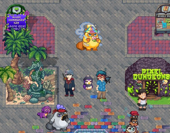 A pixel art game scene showing various characters, pets, and locations including "Pixel Dungeons" on a cobblestone plaza.