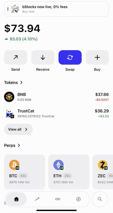 A mobile wallet screenshot displays a portfolio balance of $73.94 with tokens including 0.05 BNB ($37.66) and 39160.237122 TrustCat ($36.29, up $3.53), showing the user's holdings of $TrustCat alongside Binance-related assets like BNB, supporting the post's emphasis on Trust Wallet/BNB Chain's crypto infrastructure.