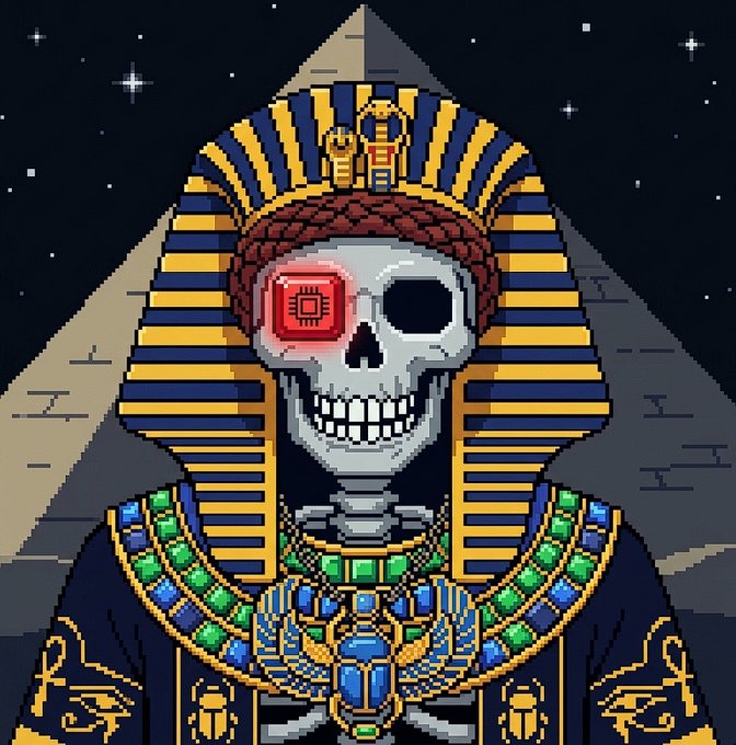 Pixel art of an Egyptian pharaoh skeleton with a glowing red CPU chip in place of its left eye, wearing a blue and gold striped nemes headdress and ornate jeweled collar against a starry night sky.