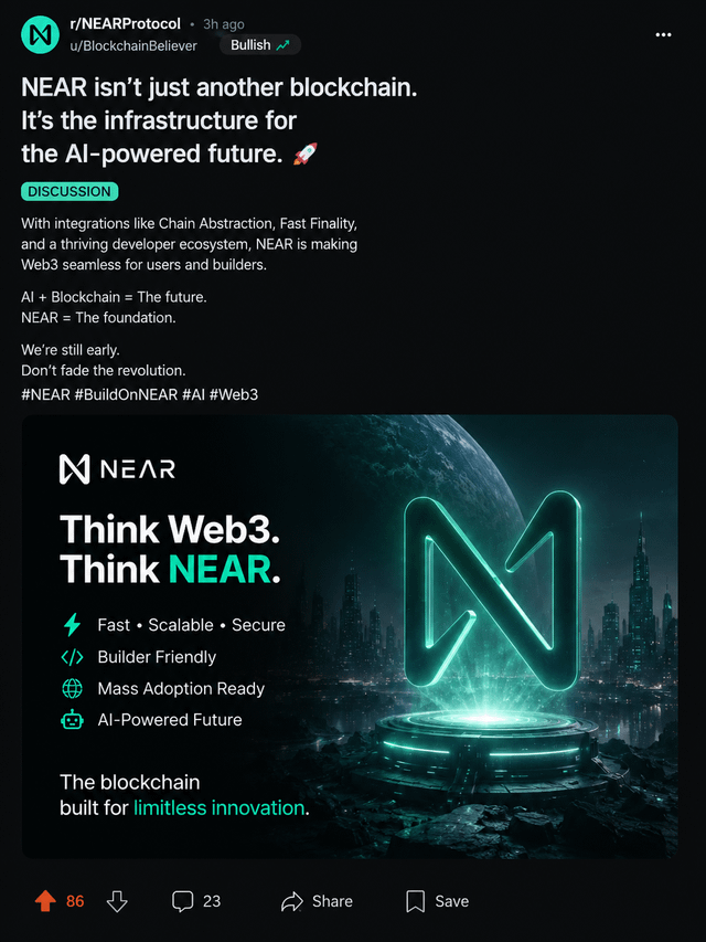 The image features a post from a social media platform, where the main focus is on the concept of "NEAR", which stands for Near Earth Architecture. The post includes an advertisement for NEAR, with a picture of a city skyline at night that represents the future and the idea of building something new and innovative. 

The post also mentions that the company is working on a project called "Think Web3." This project involves creating a new type of blockchain that can be used to build an AI-powered future, which could potentially revolutionize various industries. The image includes text that reads: "NEAR is building what most chains only talk about".