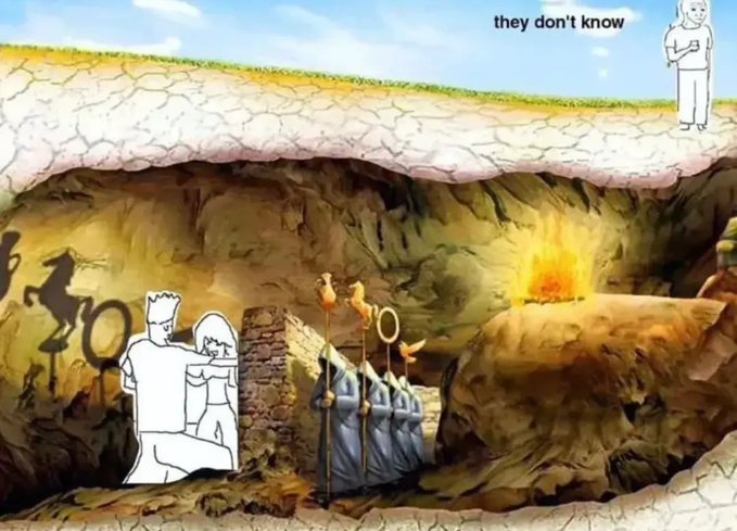 A cartoon-style meme depicts a cross-section of ground showing simple white stick figures underground in a cave with campfires and stone walls, while one figure stands on the surface with the caption 'they don't know'.