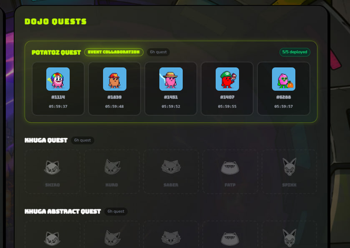 The image displays a "Dojo Quests" interface from Memeland's Khugaverse Bash, showing active Potatoz quests with deployable NFTs (#1134, #1838, #1451, #1407, #6288) all marked as "5/5 deployed" with countdown timers, alongside Khuga Quest and Khuga Abstract Quest sections featuring character NFTs like Shiro, Kuro, Saber, Fatp, and Spinx. This visual supports the guide's explanation of earning points through Deploy Mode, demonstrating the soft staking interface where players deploy their Potatoz NFTs for passive rewards to compete for the $5,000 prize pool.