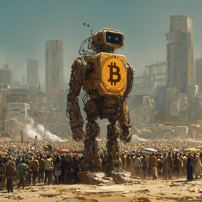 An AI-generated illustration depicts a giant rusty robot with a Bitcoin symbol on its chest towering over a large crowd in a futuristic, post-apocalyptic city.