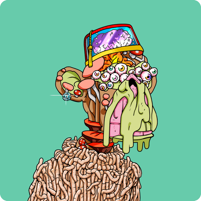 A grotesque, surreal illustration of a tower-like figure composed of hair, an ear, and multiple eyes, oozing green slime and wearing a hat with a brain visible inside, set against a solid mint-green background.