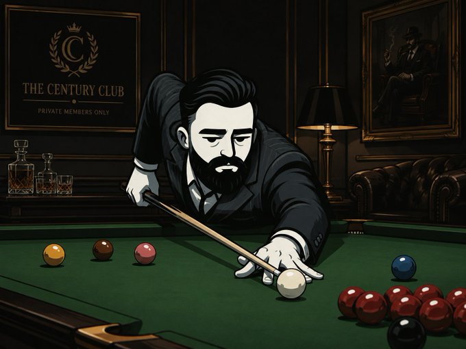 An illustrated scene of a bearded man playing pool at 'THE CENTURY CLUB - Private Members Only,' with whiskey glasses, a leather couch, and a framed portrait in the background.
