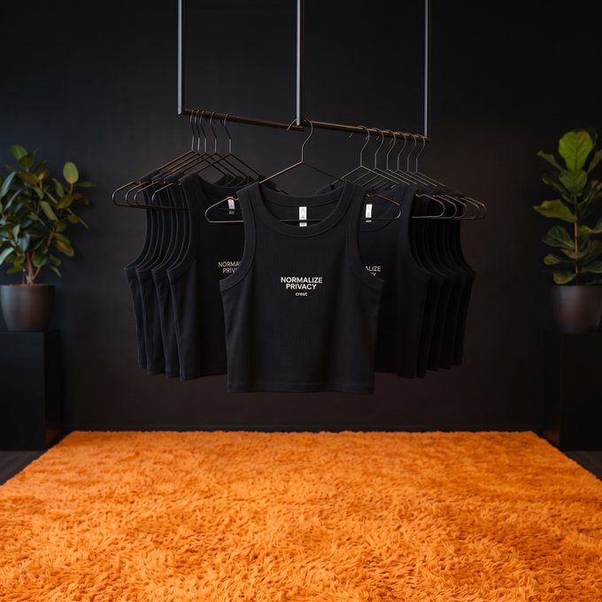 Black tank tops with the text "NORMALIZE PRIVACY." hang on a metal rack against a dark wall, displayed above a bright orange shag rug flanked by potted plants.