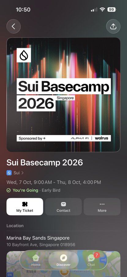 This image shows the event details for Sui Basecamp 2026, happening in Singapore at Marina Bay Sands from October 7th to 8th. The post promotes attending this event hosted by @SuiNetwork to learn about their "portable agent memory" developments.