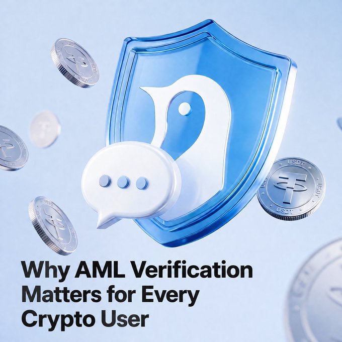 A 3D-rendered graphic with a blue shield and chat bubble surrounded by floating coins, titled 'Why AML Verification Matters for Every Crypto User.'