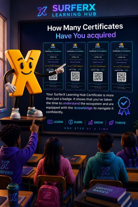 A promotional graphic for 'SURFERX LEARNING HUB' titled 'How Many Certificates Have You acquired,' showing four certificates with QR codes and a cartoon mascot X character pointing at them, with the text 'Your SurferX Learning Hub Certificate is more than just a badge. It shows that you've taken the time to understand the ecosystem and are equipped with the knowledge to navigate it confidently.'