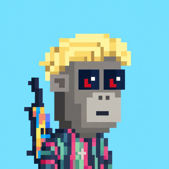 Pixel art illustration of a character with gray skin, red eyes, and blonde hair wearing a colorful patterned jacket against a light blue background.