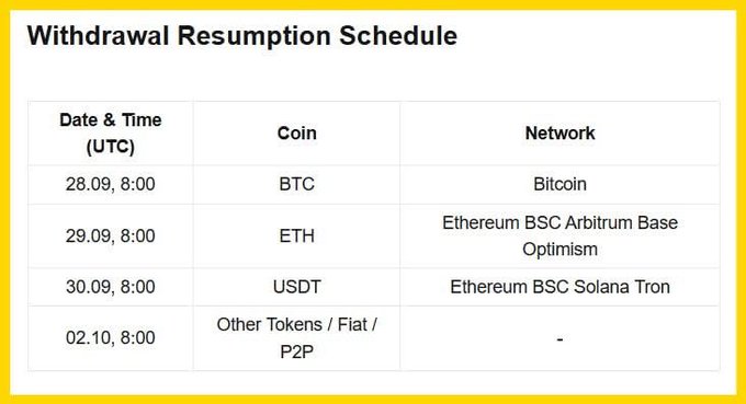 A 'Withdrawal Resumption Schedule' table lists dates and times (UTC) for BTC, ETH, USDT, and Other Tokens/P2P, along with their respective networks such as Bitcoin, Ethereum, BSC, Solana, and Tron.