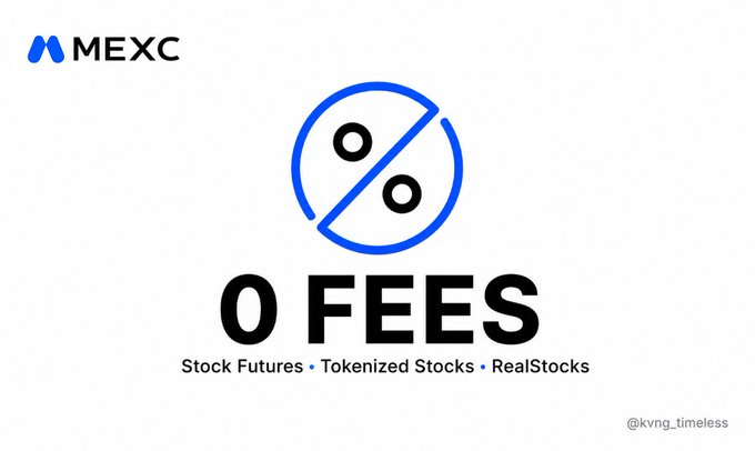 A promotional graphic for MEXC exchange advertising '0 FEES' for Stock Futures, Tokenized Stocks, and RealStocks, featuring a blue crossed-out circle icon.