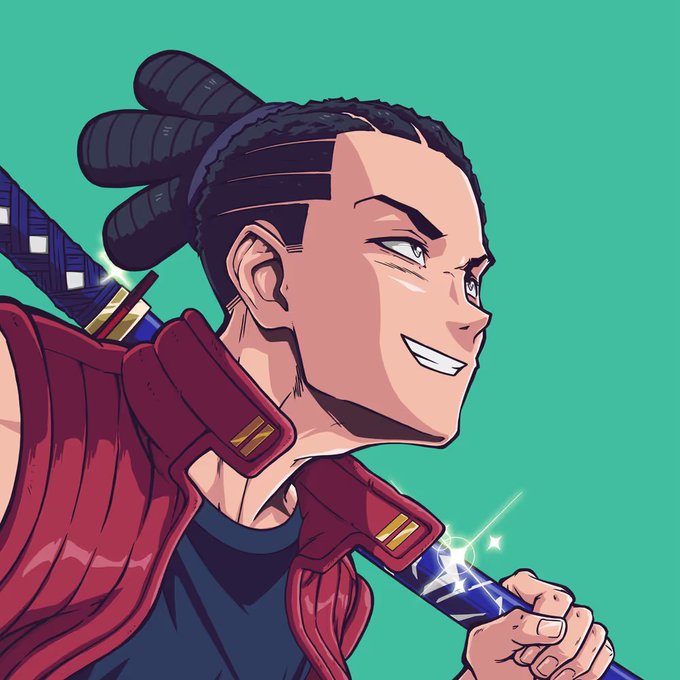 The image features a cartoon character with dreadlocks wearing a red shirt holding a sword or katana. The character has a serious expression as they look off into the distance, possibly contemplating their next move. The background of the image is green, which contrasts nicely with the character's dark hair and the red color of their shirt. There are no texts present in the image, but there is a caption that reads "Good morning fam, we made it to Friday Nothing makes Friday cooler than a new Katana. Final Bosu moved to ETH and I have never been happier. Had to support and scoop up this amazing grail, hes a proper warrior, what do you think?".