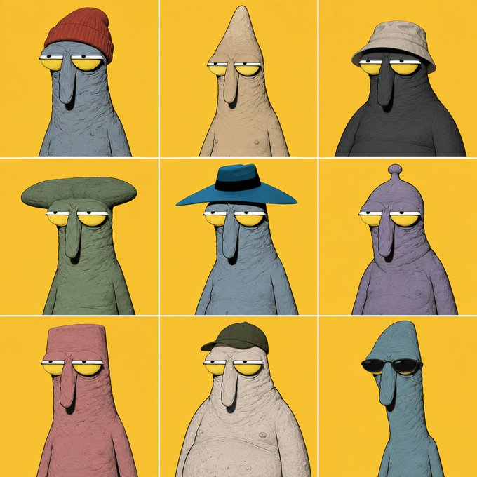 A 3x3 grid of nine squarish claymation-style figures with elongated noses and yellow sunglasses, each wearing a different colored hat against a yellow background.
