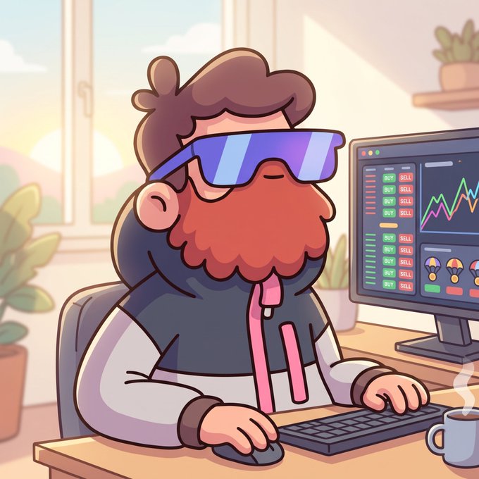 A cartoon illustration of a bearded character wearing large blue futuristic glasses, sitting at a desk while trading on a computer monitor displaying a colorful stock chart with buy/sell buttons, accompanied by a steaming coffee mug and surrounded by plants.