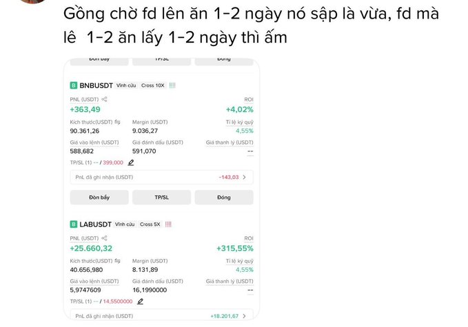The image shows a cryptocurrency futures trading platform interface displaying two positions: a BNBUSDT cross 10x short position with a PNL of +363.49 USDT and a TP/SL of -399.00, and a LABUSDT cross 5x long position showing a substantial PNL of +25,660.32 USDT (+315.55% ROI) with a TP/SL set at -14,550,000. 

The Vietnamese caption at the top translates to roughly "What a feast - eating 1-2 days is just right, fd and let it run 1-2 days eating 1-2 days then ẩm," expressing satisfaction with holding the LAB long position to collect funding fees, which directly aligns with the post's theme of profiting from funding rate rhythms rather than just price movement.