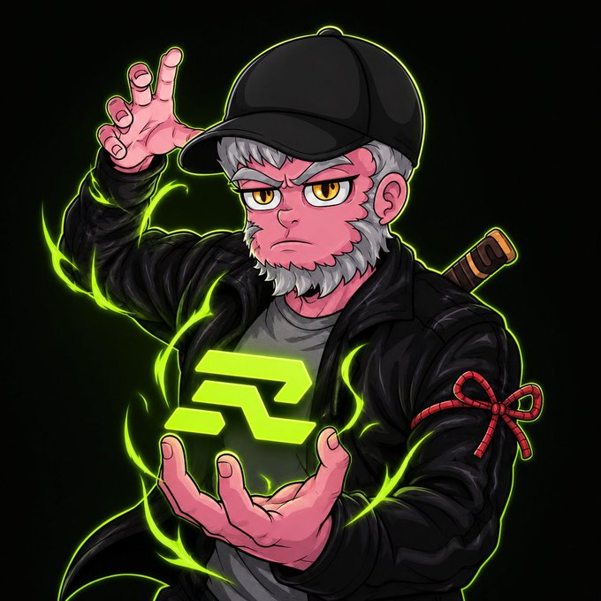 A stylized illustration of a bearded character wearing a black cap and jacket, wielding green magical energy and the Stellar (XLM) cryptocurrency logo, with a katana on his back.