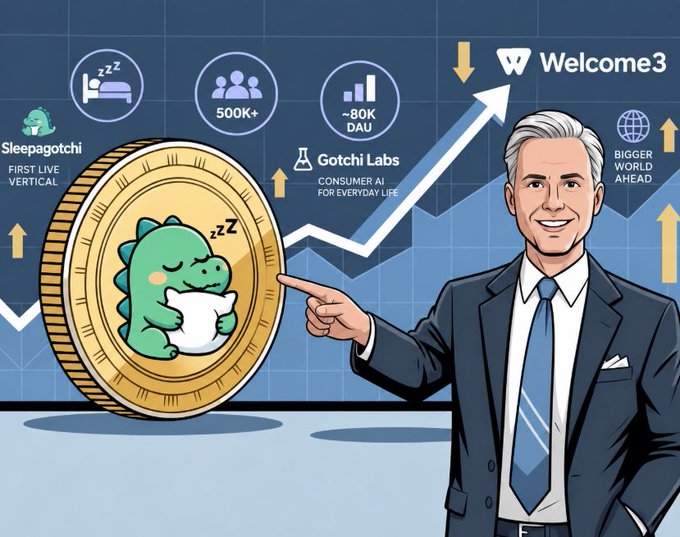 An illustrated graphic features a man in a suit pointing at a large Sleepagotchi coin, with text highlighting '500K+', '~80K DAU', 'Welcome3', and 'Gotchi Labs'.