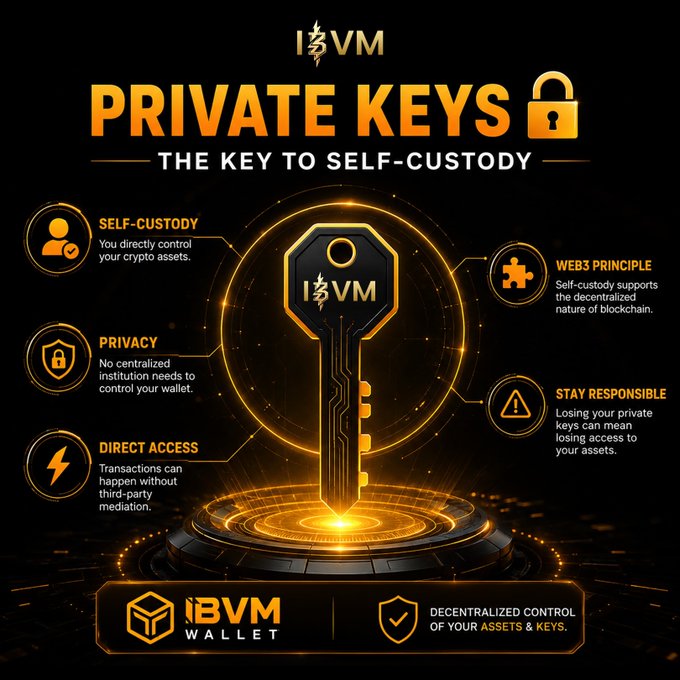 An iBVM Wallet promotional graphic featuring a golden key, highlighting 'PRIVATE KEYS - THE KEY TO SELF-CUSTODY' with features including Self-Custody, Privacy, Direct Access, Web3 Principle, and Stay Responsible.