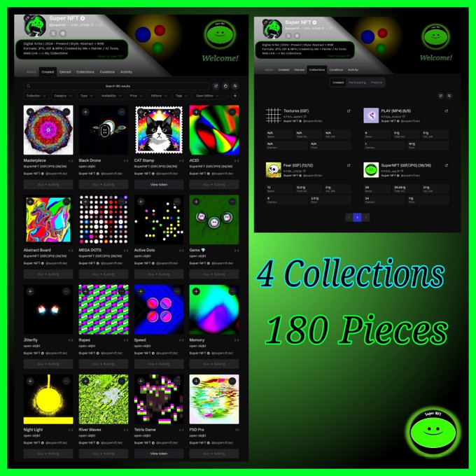 Promotional image for 'Super NFT' displaying NFT collection interface with '4 Collections, 180 Pieces'