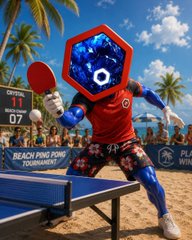 3D-rendered character with a blue crystalline hexagonal head wearing a red shirt and floral shorts, holding a table tennis paddle at a beach ping pong tournament.