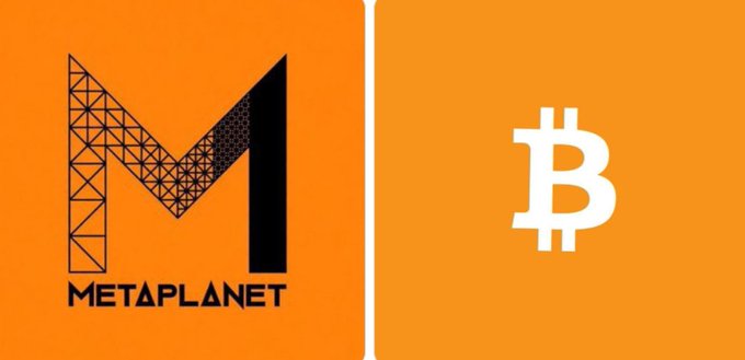 The image displays a split graphic featuring Metaplanet's logo on the left and the Bitcoin (₿) symbol on the right against an orange background, visually representing the Japanese treasury firm's significant Bitcoin holdings and recent 1,350 BTC transfer to Coinbase Prime.