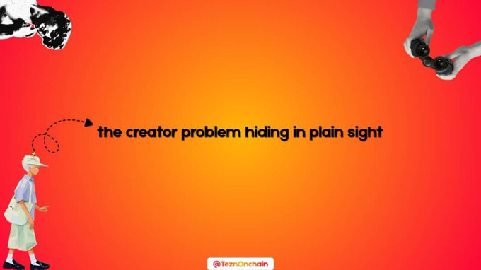 A graphic with an orange-to-red gradient background features the text "the creator problem hiding in plain sight" flanked by illustrations of a woman with a dotted arrow and hands holding cherries, with the "@TezOnchain" handle at the bottom.