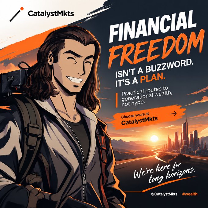 A promotional graphic for 'CatalystMkts' featuring an illustrated smiling traveler with the text 'FINANCIAL FREEDOM ISN'T A BUZZWORD. IT'S A PLAN.'