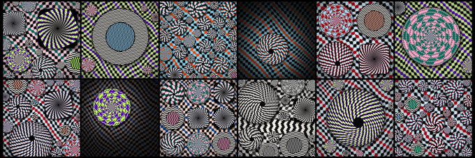 A grid of twelve abstract optical illusion patterns featuring swirling, radial, and circular designs in black, white, red, and green.