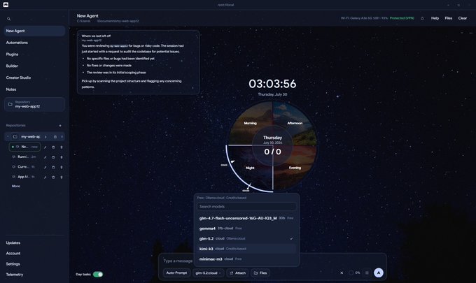 The image shows a dark-themed AI assistant interface called "New Agent" featuring a workspace for coding assistance—displaying a JavaScript snippet for generating pet descriptions, a live clock/pomodoro timer widget showing "03:03:56" with an "Unread 0/0" chart, repository lists including "my-web-apt2," and a model selection dropdown highlighting "gpt-5.2-cloud" alongside other models like Gemini, Kimi, and Mistral.

The screenshot illustrates the patched AI agent interface referenced in the update, showcasing its integrated development features—code editing, time-tracking widgets, multi-model selection, and repository management tools—that have been stabilized in version 1.0.1.