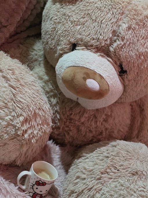 A Hello Kitty mug filled with coffee sits in front of a large pink teddy bear with a sweet, sleepy expression. The cozy scene perfectly complements the caption's vibe of enjoying a relaxed, comforting chat with "Mr. Bear."