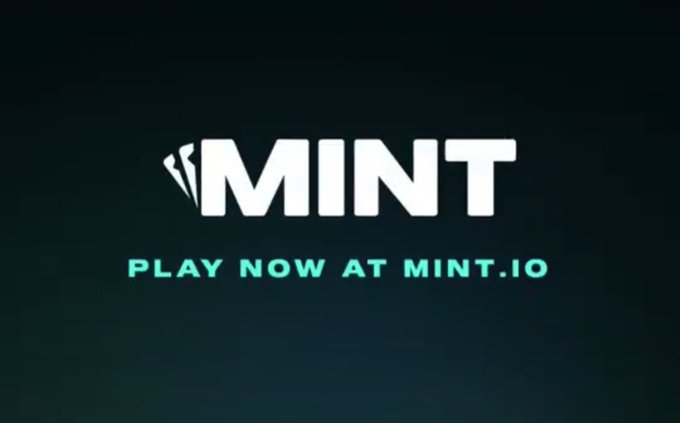 A black background displaying the white 'MINT' logo with a card icon and the teal text 'PLAY NOW AT MINT.IO'.