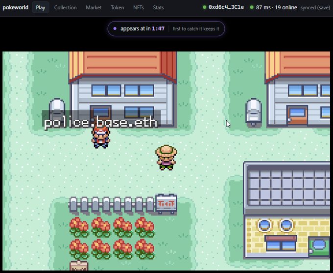 A screenshot from the Pokeworld NFT game showing a pixelated character labeled "police.base.eth" outside a building, with a timer reading "appears at in 1:47".