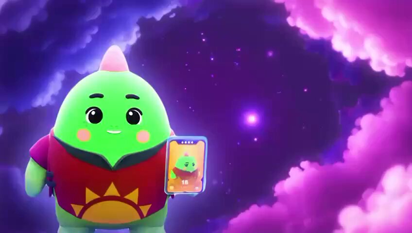 urn-shaped green monster with a pink nose and yellow sun, holding a phone displaying "18" against a purple sky backdrop.