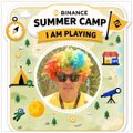 An album or playlist cover titled "BINANCE SUMMER CAMP - I AM PLAYING" featuring a colorful cartoon design with a character in sunglasses and various icons.