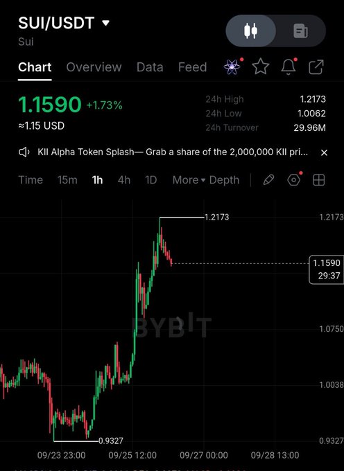 A Bybit mobile app chart shows SUI/USDT trading at 1.1590 (+1.73%), approximately 1.15 USD, with a 24-hour high of 1.2173 and low of 1.0062, displaying a 1-hour candlestick chart with a prominent price surge.