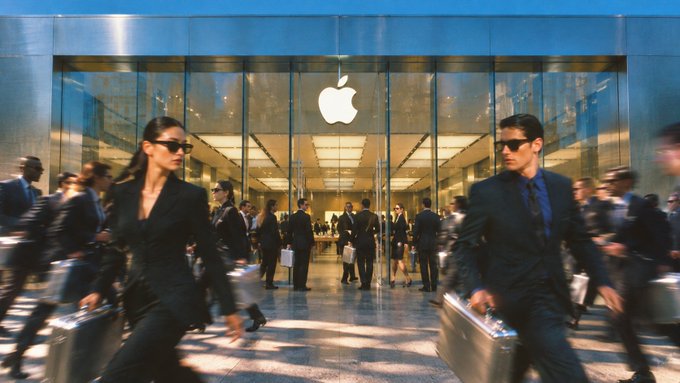 Businesspeople in black suits rush past an Apple Store, each carrying silver briefcases, as the iconic Apple logo glows above the glass entrance, perfectly capturing the urgency of a new iPhone launch day that the post promotes with limited-time 5% cashback for Liquid Banking users.