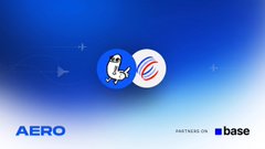 A blue promotional banner for AERO token on Base network, featuring a small astronaut-like character and the text 'PARTNER ON base' in the corner.